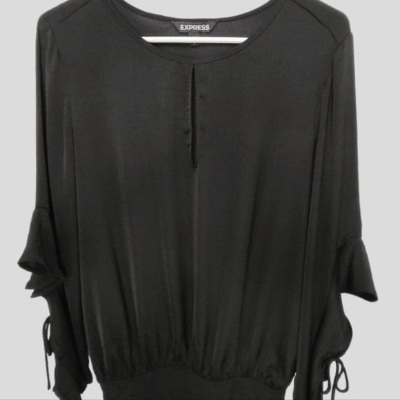 Express Bodysuit Black Crew Neck Front Keyhole Tie Sleeves Size Medium - Picture 4 of 9